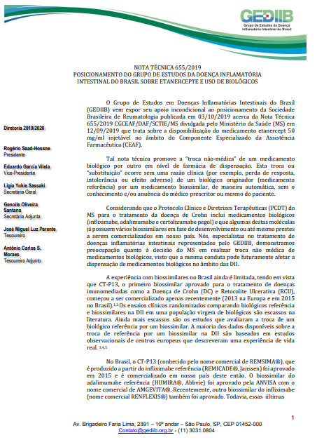 Nota Técnica 655/2019 – Posicionamento do Grupo de Estudos da Doença Inflamatória Intestinal do Brasil sobre Etanercepte e uso de Biológicos