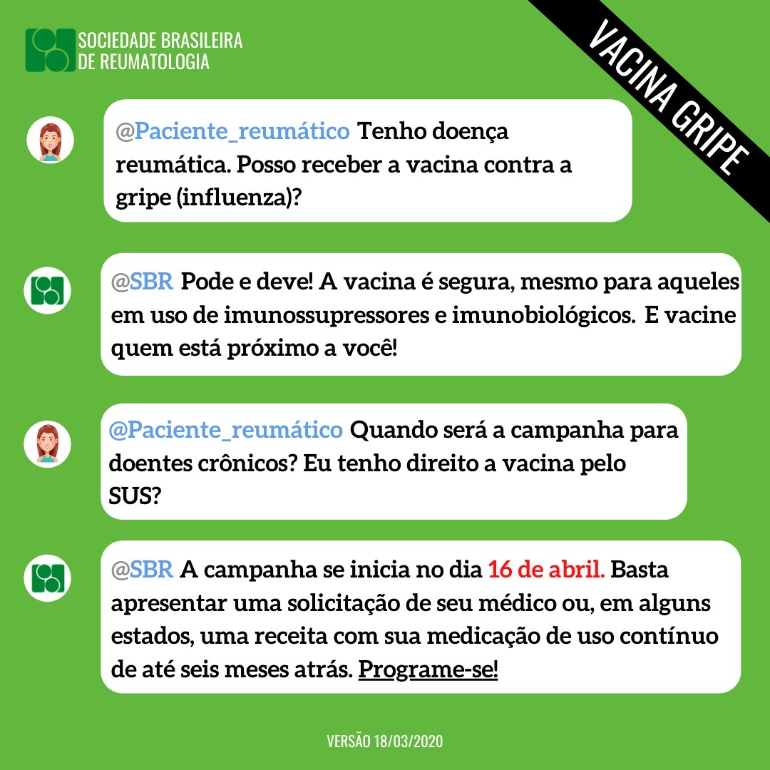 SBR orienta pacientes de doenças reumáticas sobre vacinação contra gripe